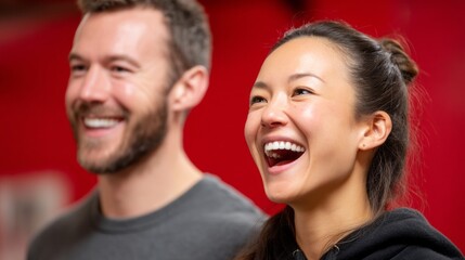 Colleagues enjoy a joyful moment together during a casual gathering in a vibrant setting