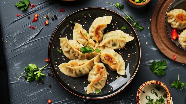 Traditional Asian dumplings Gyozha, top view. Dumplings in a ceramic plate with greens. Tasty and healthy food. Gyozha dumplings close-up