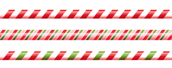 Obraz premium Candy cane border christmas decoration, holiday sweet seamless decor.Stripes green, red and pink color, thin and thick. Retro stick, lollipop, candycane. 