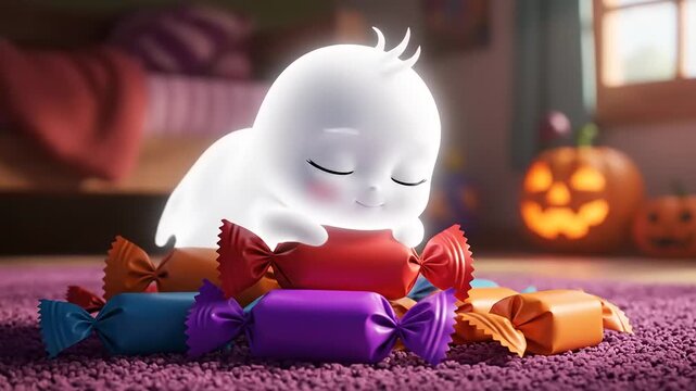 Cute ghost reaches for colorful candies on purple carpet in cozy bedroom with pumpkin decoration, creating whimsical halloween atmosphere.