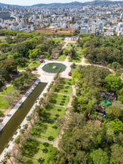 Aerial view of Redemption Park with lakes, trees and gardens