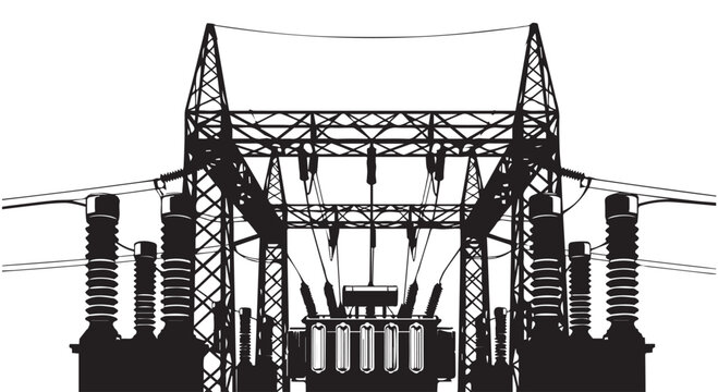 Silhouette of a highvoltage electrical substation with towers and transformers isolated on transparent background