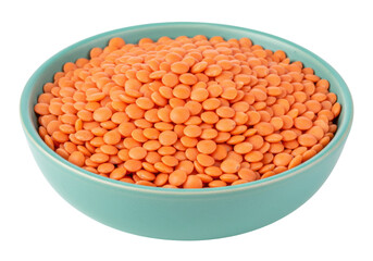 Isolated bowl of red lentils, dried pulses in a green container, healthy food concept