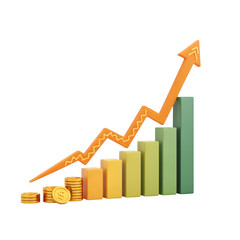 3D Bar Graph and Arrow Showing Upward Financial Growth with Gold Coins upward trend