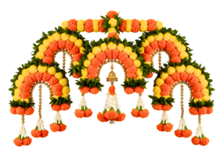 Traditional indian marigold flower garland arch with swastika symbol isolated on transparent background