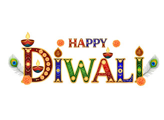 Happy diwali decorative text with diyas and marigold flowers isolated on transparent background
