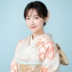 爽やかな水色背景の振袖女性ポートレート
