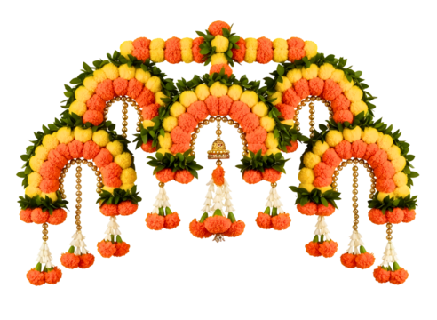 Traditional indian marigold flower garland arch with swastika symbol isolated on transparent background