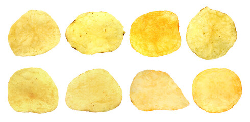 Set of single potato chips isolated on transparent background
