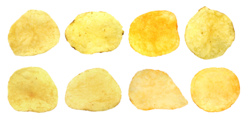 Set of single potato chips isolated on transparent background