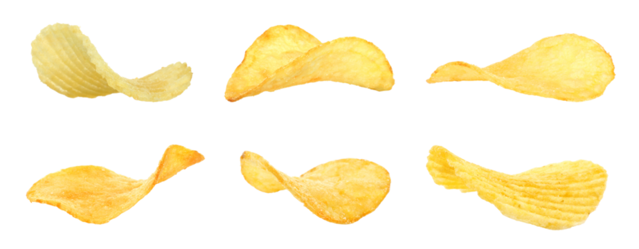 Set of single potato chips isolated on transparent background