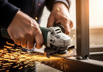 Worker using angle grinder to cut metal with sparks flying