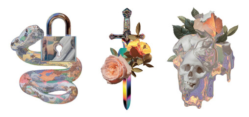 Retro Cutout Collage of Snake, Sword, and Skull with Floral Elements