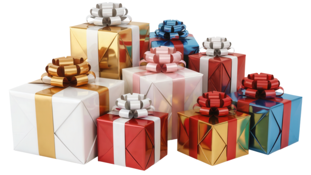 A vibrant assortment of holiday gift boxes with colorful wrapping paper and festive bows isolated on transparent background