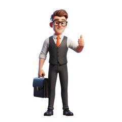 3D cartoon businessman in vest and tie holding briefcase giving thumbs up on black background male