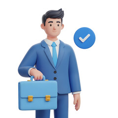 3D cartoon businessman in blue suit holding briefcase with checkmark badge on black background male