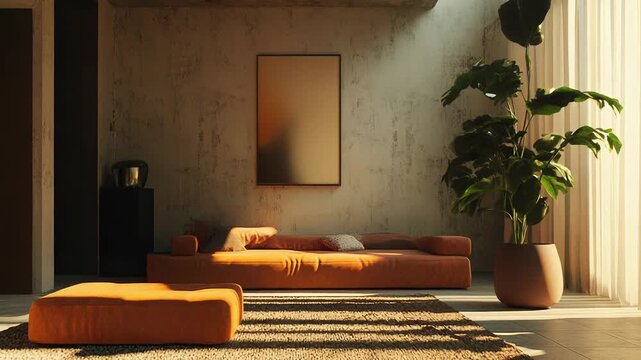 Modern living room interior with sunlight and houseplants