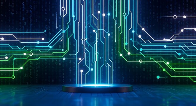 Abstract digital circuit board with glowing blue and green lines
