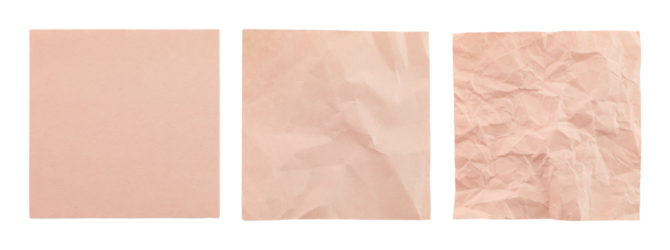 Set of notepad paper sheets from smooth to wrinkled isolated on transparent background