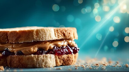 A peanut butter and jelly sandwich rests on a textured surface with peanut butter and jelly oozing slightly. The sandwich is highlighted against a bokeh-filled background. - Powered by Adobe