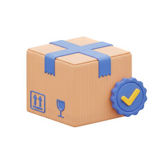 3D cartoon cardboard box with blue ribbon and checkmark badge on black background package shipping