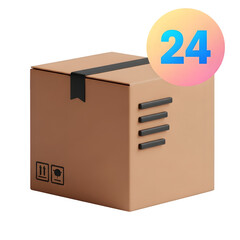 3D cartoon cardboard box with black ribbon and circular number 24 badge on black background package