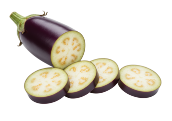 Isolated eggplant with slices showing its unique shape and texture, displayed on a plain surface