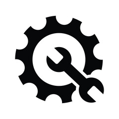 Minimalist black and white vector icon featuring a gear and wrench symbol. The clean, centered design represents mechanics, engineering, repair, and technical maintenance concepts.
