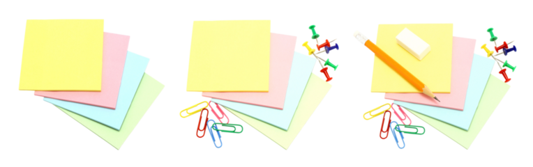 Set of mini compositions of note papers and stationery items isolated on transparent background