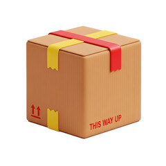3D cartoon cardboard box with red and yellow ribbon and ' THISWAYUP' text on black background