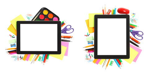 Set of mini compositions with stationery items and a tablet pc with blank screen isolated on...
