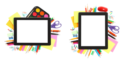 Set of mini compositions with stationery items and a tablet pc with blank screen isolated on transparent background