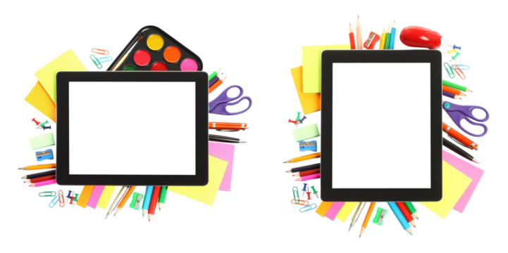 Set of mini compositions with stationery items and a tablet pc with blank screen isolated on transparent background - Powered by Adobe