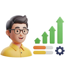 3D cartoon man with glasses next to a growth chart and progress bars graphic design