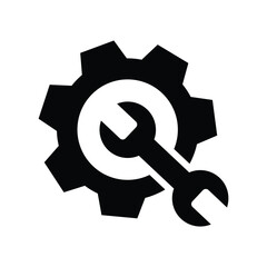 Minimalist black and white vector icon featuring a gear and wrench symbol. The clean, centered design represents mechanics, engineering, repair, and technical maintenance concepts.