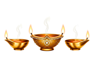 Traditional indian brass oil lamp with flame isolated on transparent background