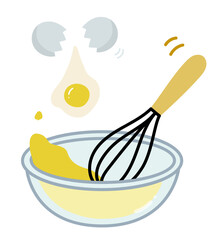 ボウルに卵を割って泡立て器でかき混ぜる