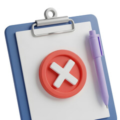 3D Clipboard With Red Cross Mark and Pen x mark wrong