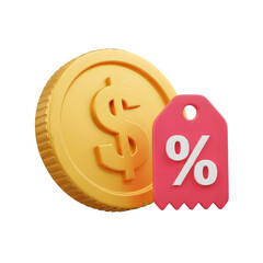 3D golden dollar coin with pink price tag and percentage symbol golden coin dollar sign