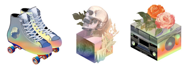 Retro Style Cutout Collage with Roller Skates, Skull, and Floral Elements