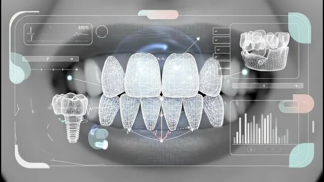 Dental implant and teeth visualization with data interface. Modern dentistry and oral health technology concept. Medical animation.