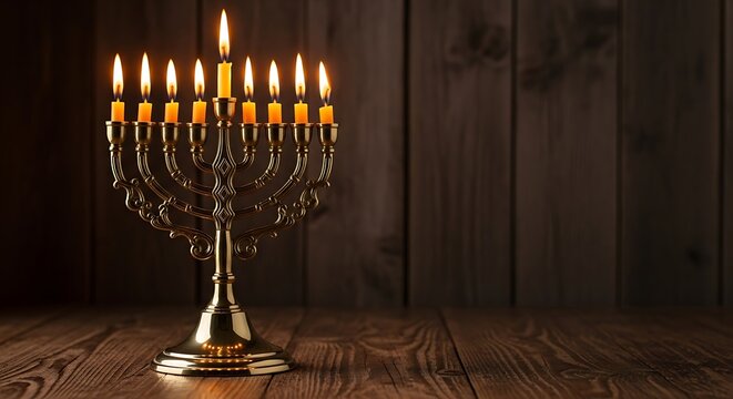 Photo of a traditional brass menorah with nine lit candles glowing warmly on a rustic wooden table, representing the jewish festival of hanukkah