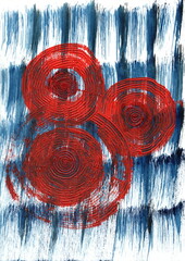 This illustration is a vibrant and lively abstract piece. The central elements are three large spiraling shapes in warm shades of red, orange, and yellow, reminiscent of flowers or coral.