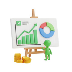 3D Green Character Presenting Financial Growth Chart and Coins on Transparent Background presentation