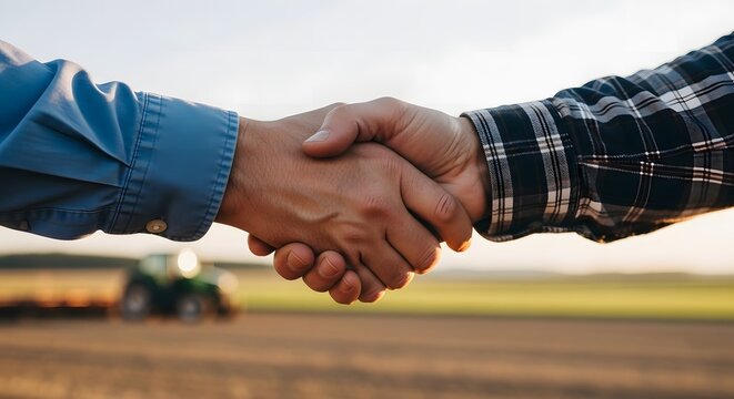 Farmers shaking hands in a field with a tractor handshake - Powered by Adobe