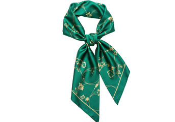 Isolated beautiful silk scarf with an emerald green, gold floral design, knotted shape