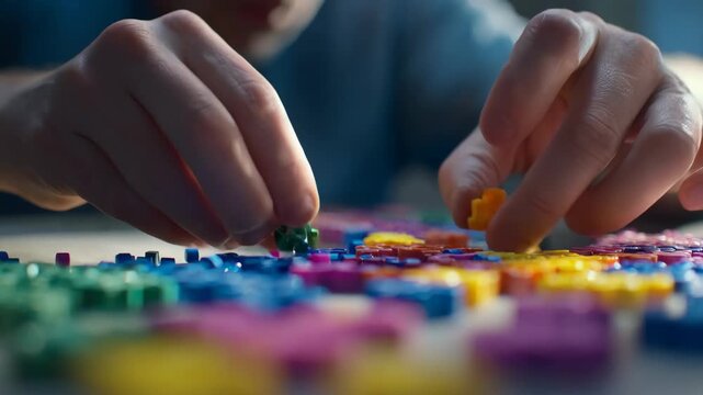 Medium shot of an individual creatively arranging colorful pieces in a game challenge highlighting inventive thinking in a gamified skill assessment.