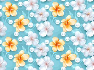 Fototapeta premium Tranquil Tropical Frangipani Flowers Seamless Pattern with Floating Water Pearls