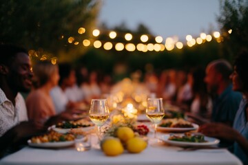 Outdoor community dinner table at twilight with diverse people sharing food under fairy lights