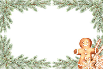 Gingerbread man with star shape cookies and spruce branches, watercolor Christmas card. Isolated template frame with fir twigs for prints. Hand-drawn pine sprigs illustration for winter background.